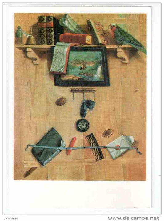 painting by G. N. Teplov - Still Life with Music and Parrot - still life - comb - russian art - unused - JH Postcards