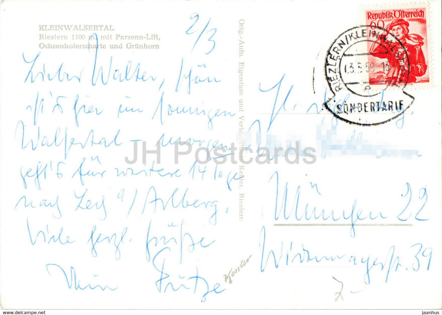 Kleinwalsertal - Riezlern 1100 m mit Parsennlift - Ochsenhoferscharte und Grunhon alte Postkarte - 1959 - Österreich - gebraucht