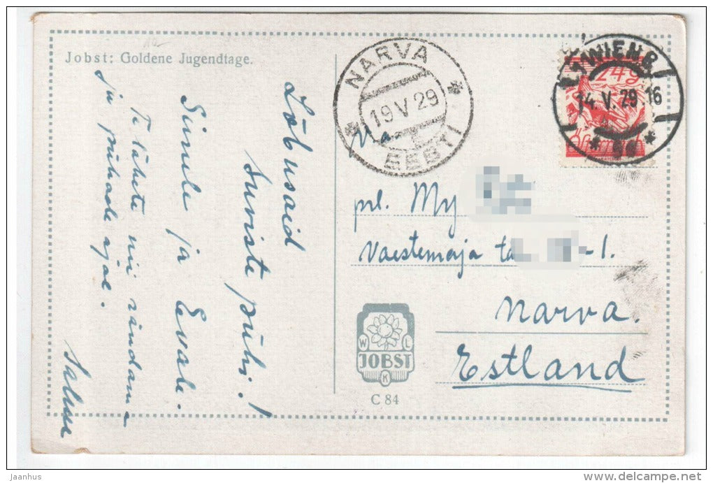 painting by Jobst - Goldene Jugendtage - Golden Youth Days - young women C 84 - sent from Austria to Estonia 1929 - used - JH Postcards