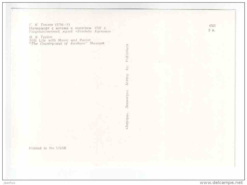 painting by G. N. Teplov - Still Life with Music and Parrot - still life - comb - russian art - unused - JH Postcards