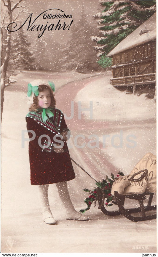 New Year Greeting Card - Gluckliches Neujahr - girl - sledge - 2954/5 - old postcard - Germany - used - JH Postcards