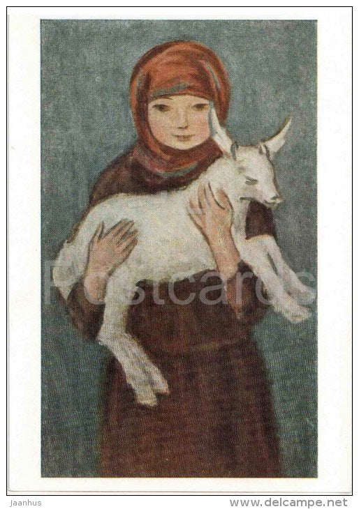painting by N. Chernyshev - Girl with goat , 1929 - russian art - unused - JH Postcards