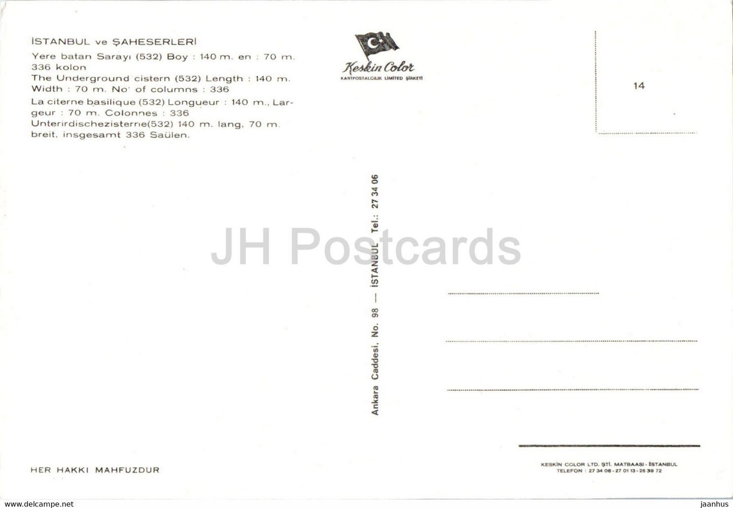 Istanbul - La Citerne Souterraine - Keskin - 14 - Turquie - inutilisé