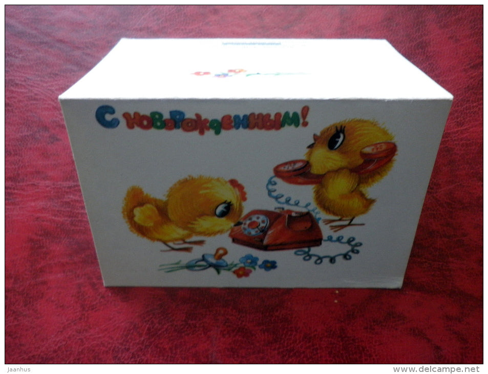 Child Birth Greeting Card - chicks - phone - mini-card - 1985 - Russia - USSR - unused - JH Postcards