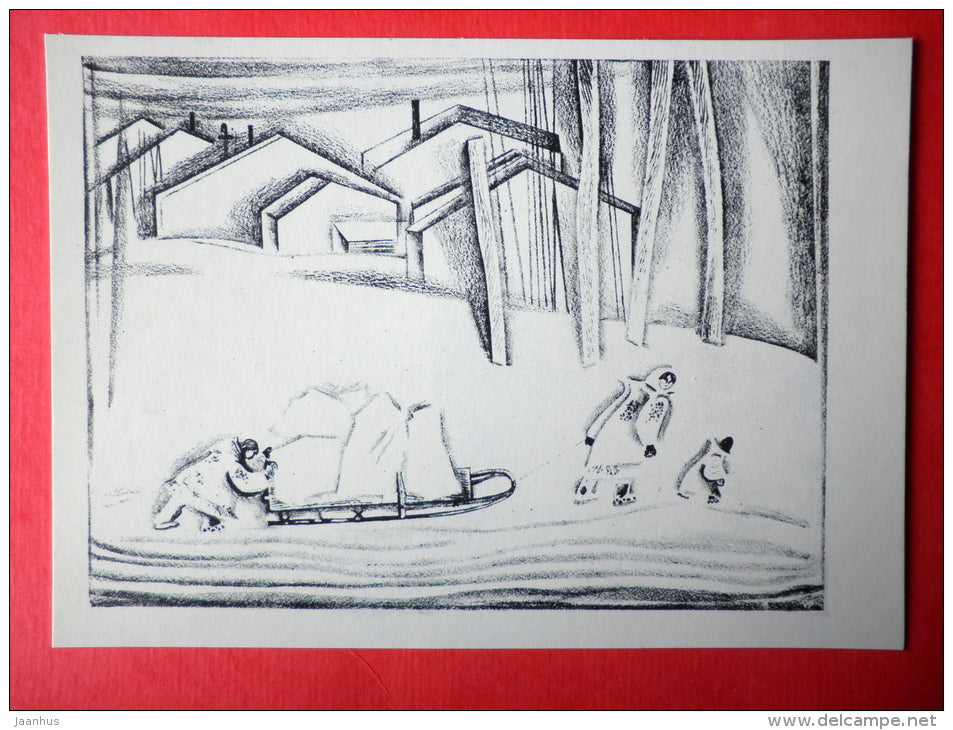 illustration by Vitaly Petrov - To the Bath - Chukotka - sleigh - 1977 - Russia USSR - unused - JH Postcards