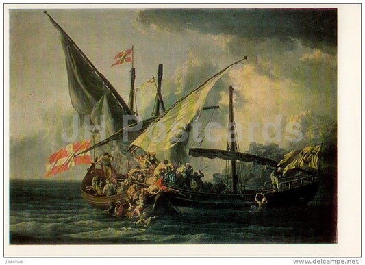 painting by Pierre Jacques Volaire - Abordage , 1765 - sailing boat - French art - 1986 - Russia USSR - unused - JH Postcards