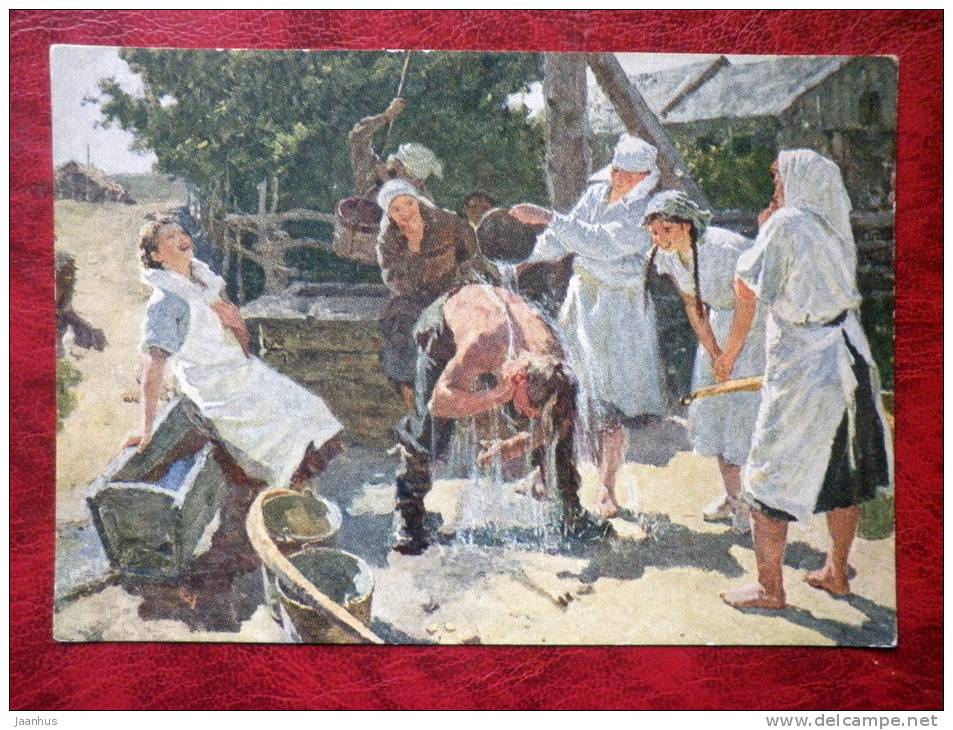 Painting by Tkachev Brothers - at the well -  russian art - unused - JH Postcards