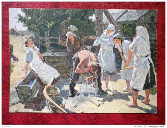 Painting by Tkachev Brothers - at the well -  russian art - unused - JH Postcards