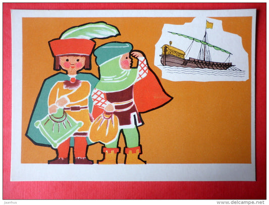 illustration by E. Rapoport - Merchant Galley - middle ages - Little Seafarers - 1971 - Russia USSR - unused - JH Postcards