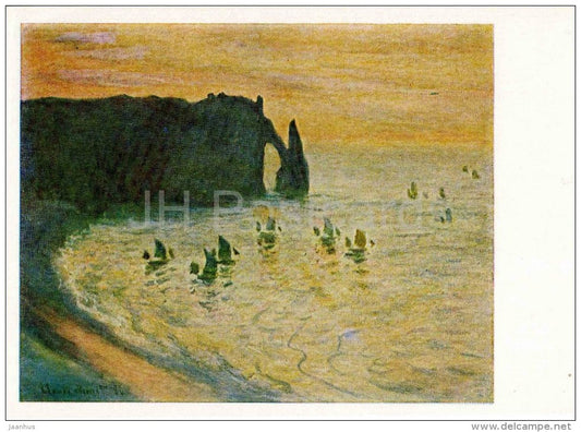 painting by Claude Monet - Cliffsin Etretat , 1886 - sailing boats - french art - unused - JH Postcards