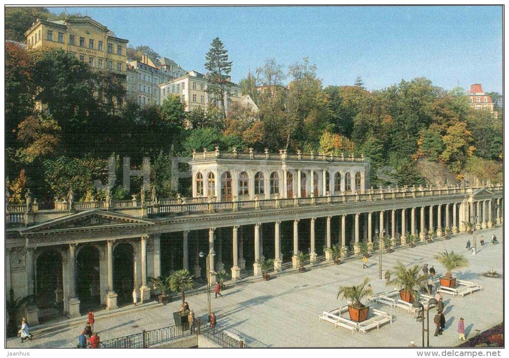 Mill Spring Colonnade - Karlovy Vary - Karlsbad - Emil Zatopek stamp - Czech - used 2003 - JH Postcards