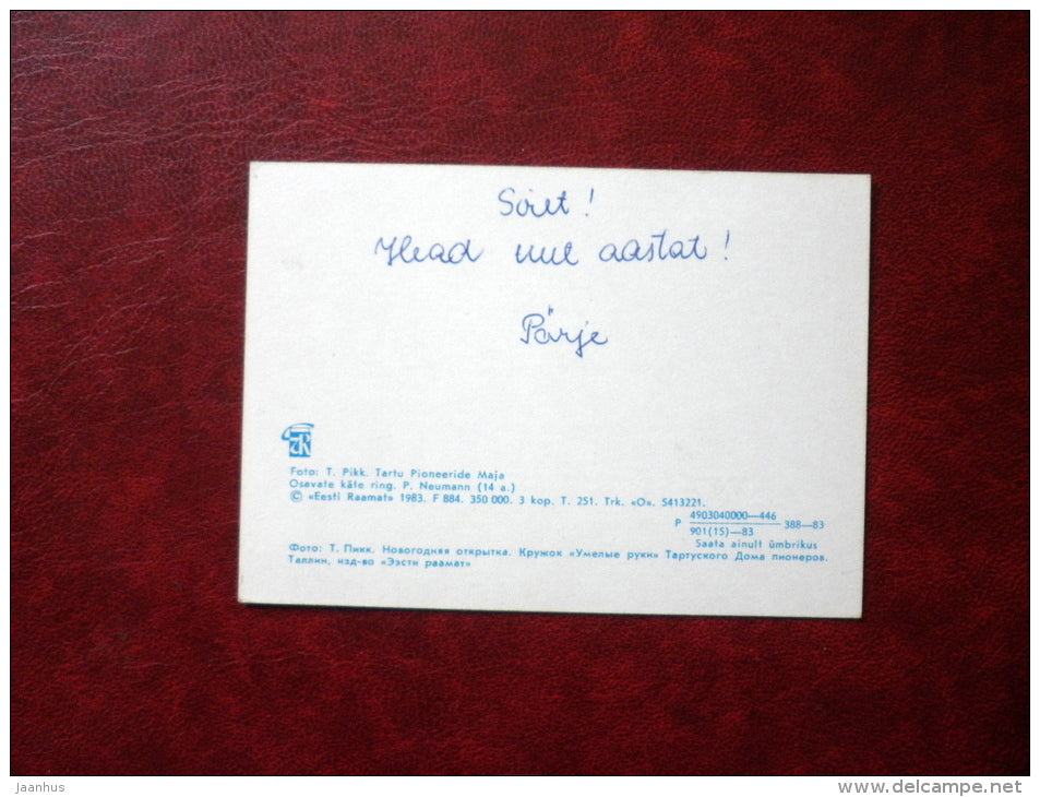 New Year mini Greeting card - apples - candies - cat - 1983 - Estonia USSR - used - JH Postcards