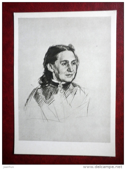 drawing by V. Serov - Portrait of E. Mamontova , 1887 - horse - russian art - unused - JH Postcards