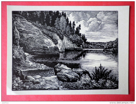 engraving by Arturs Duburs - The Gauja river near the Erglu Rocks - latvian art - unused - JH Postcards