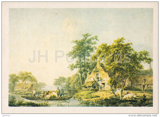 painting by Barend Cornelis Koekkoek - Landscape with a Crossing - boat - Dutch art - Russia USSR - 1984 - unused - JH Postcards