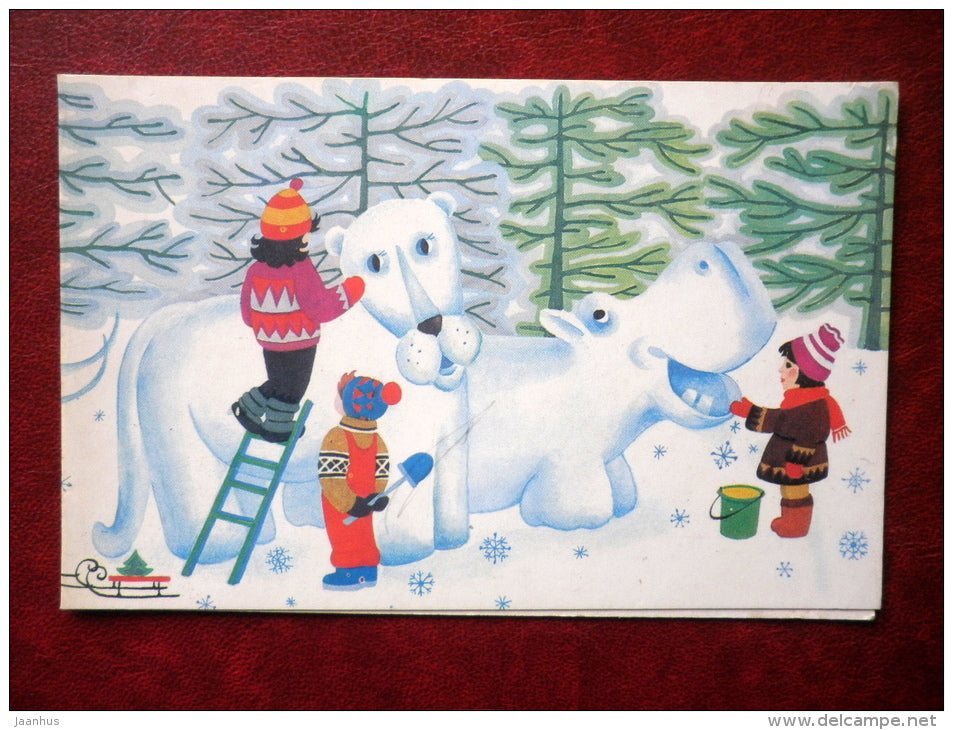 New Year greeting card - by T. Varlamova - children - svow sculptures - tiger - elephant - 1986 - Russia USSR - unused - JH Postcards