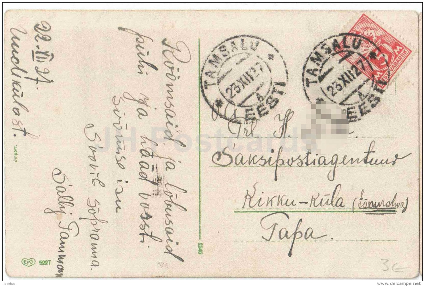 christmas greeting card - old car - Santa Claus - EAS 5227 - circulated in Estonia Tamsalu 1927 - JH Postcards