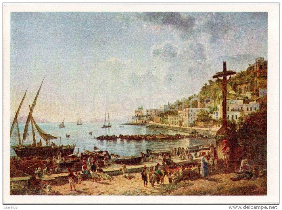 painting by S. Shchedrin - Harbor in Sorrento , 1827 - sailing boat - russian art - used - JH Postcards