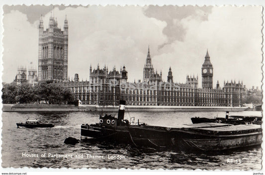 London - Houses of Parliament and Thames - boat - RF 15 - 1965 - United Kingdom - England - used - JH Postcards
