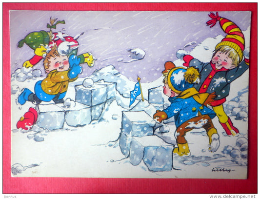 Christmas Greeting Card - snowball fight - children - 2607/6 - Finland - sent from Finland to Estonia USSR 1974 - JH Postcards