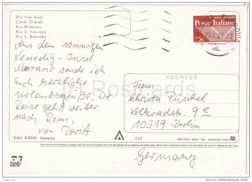 Rio van Axel - Canal Grande - gondola  - Venezia - Veneto - 620 - Italia - Italy - sent from Italy to Germany 1996 - JH Postcards