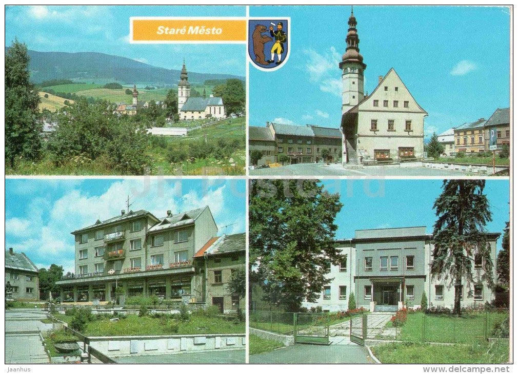 Stare Mesto - Town hall - store Jednoty - school - Czechoslovakia - Czech - used 1972 - JH Postcards