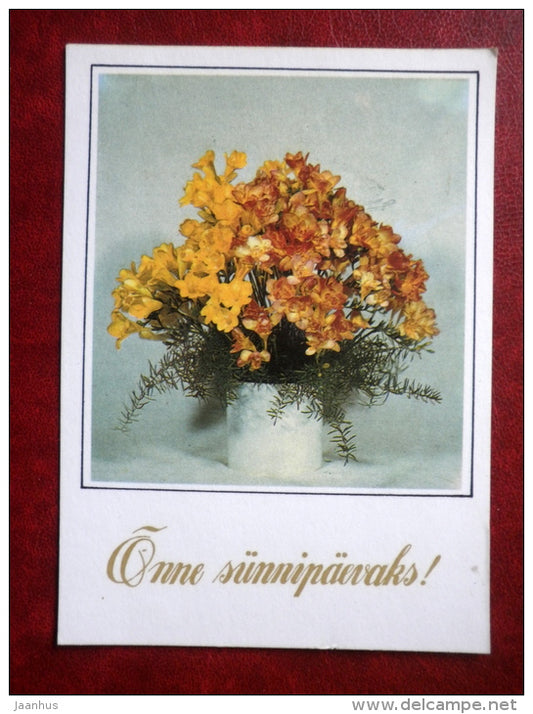 Birthday Greeting Card - yellow flowers - vase- flowers - 1990 - Estonia USSR - unused - JH Postcards