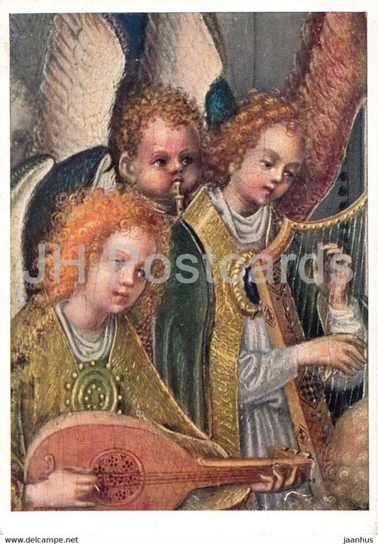 painting by Stefan Lochner - Laute und Harfe Spielender Engel - lute - harp - music - German art - Germany - unused - JH Postcards