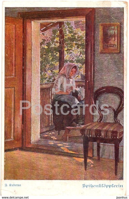 painting by Franz Kuderna - Die Spitzenklopplerin - Lace Maker - Feldpost - art - old postcard - 1918 - Germany - used - JH Postcards