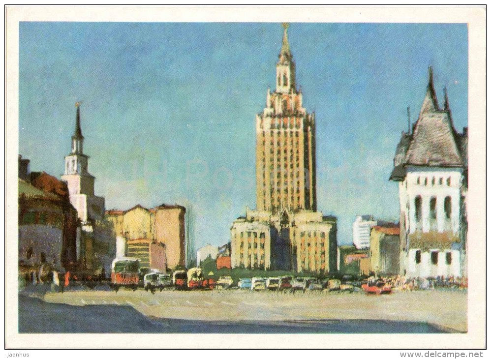illustration by G. Manizer - Komsomol Square - Moscow - bridge - 1975 - Russia USSR - unused - JH Postcards