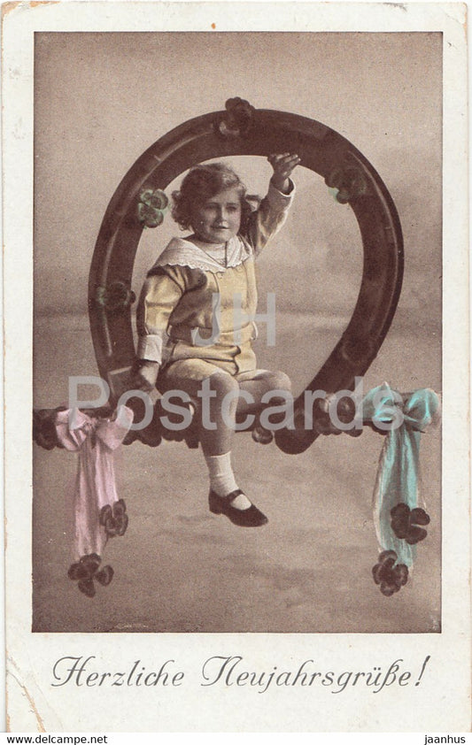 New Year Greeting Card - Herzliche Neujahrsgrusse - horseshoe - boy - 1867 - old postcard - 1922 - Germany - used - JH Postcards