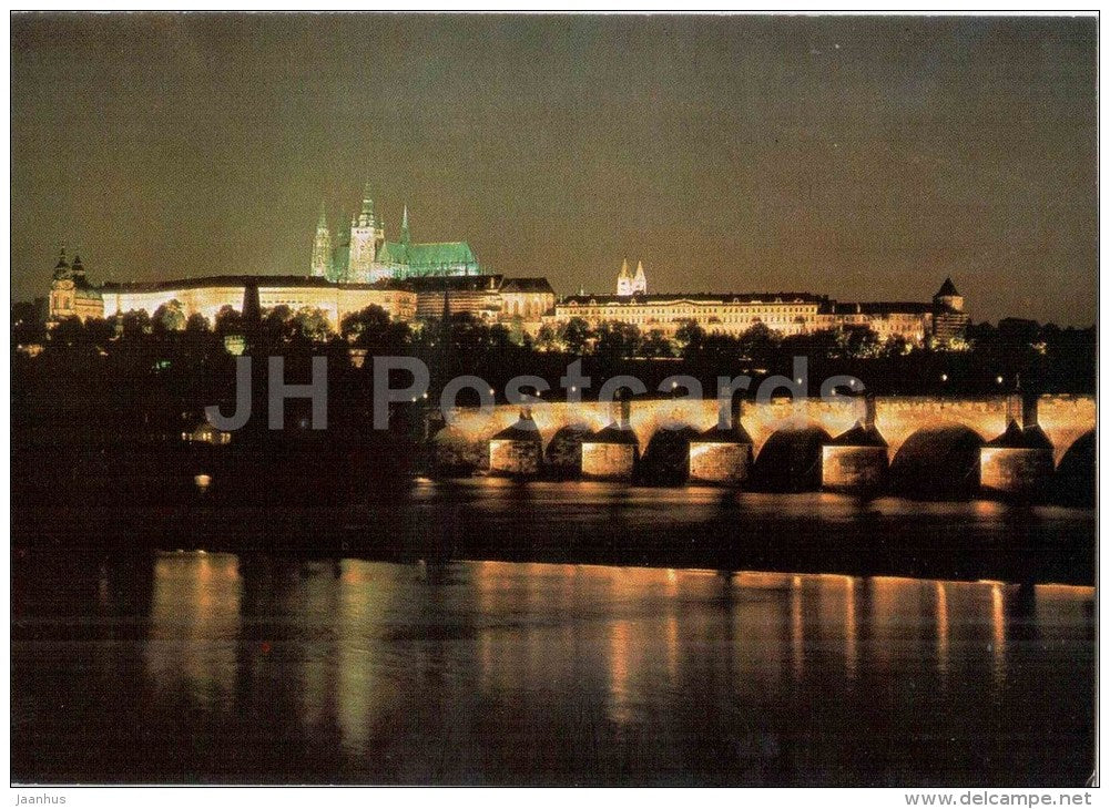 The Castle of Prague Hradcany and Charles Bridge at night - Praha - Prague - Czechoslovakia - Czech - unused - JH Postcards