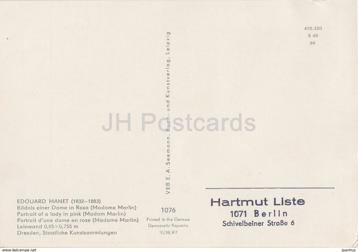 painting by Edouard Manet - Portrait of a lady in pink - French art - Germany DDR - unused