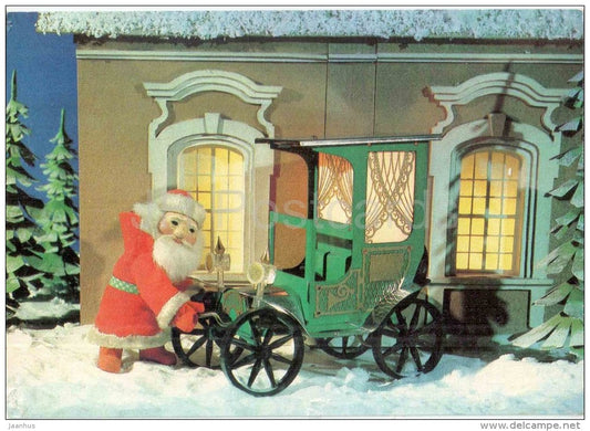 New Year Greeting Card - Ded Moroz - Santa Claus - Old Car - doll - stationery - 1990 - Russia USSR - used - JH Postcards