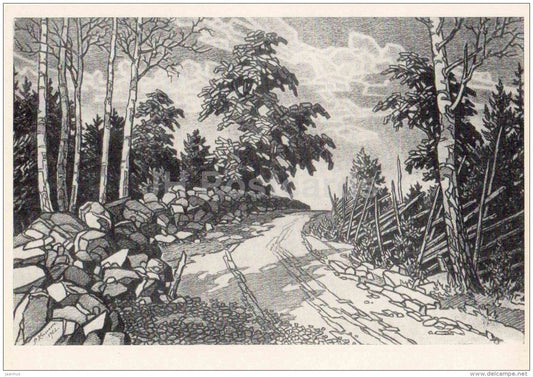 drawing by Paul Kamm - The road to the pasture , 1962 - 1964 - Estonia USSR - unused - JH Postcards