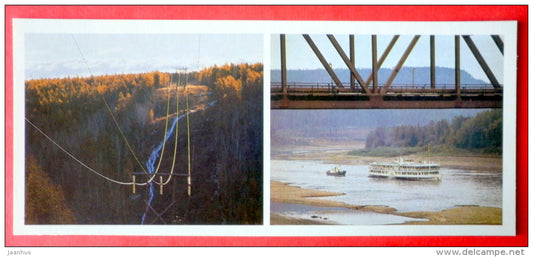 electric road in taiga - high voltage - bridge over Lena river - ship - Lena river - 1982 - USSR Russia - unused - JH Postcards