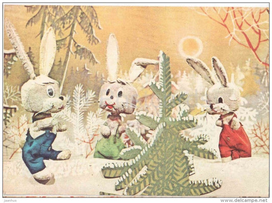 New Year Greeting card - puppetry - hare - 1978 - Estonia USSR - used - JH Postcards