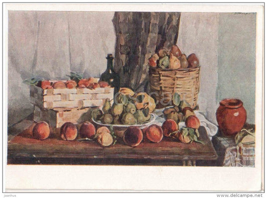 painting by V. Teterin - Peaches and Pears - russian art - unused - JH Postcards