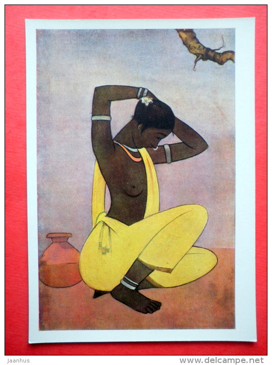 painting by Jamini Roy - Toilet - woman - contemporary art - art of india - unused - JH Postcards