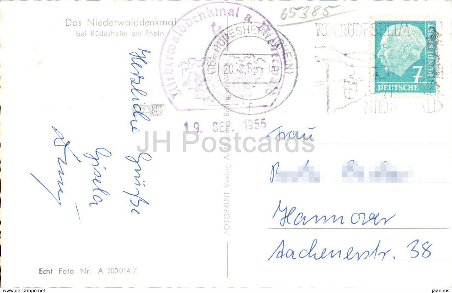 Das Niederwalddenkmal bei Rudesheim am Rhein - monument - old postcard - 1955 - Germany - used