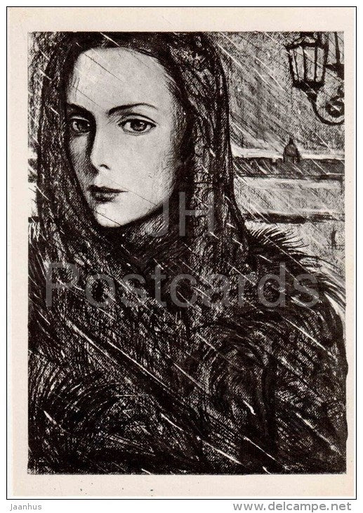 illustration by I. Glazunov - Snow ligature by russian poet Aleksandr Blok - woman - 1982 - Russia USSR - unused - JH Postcards