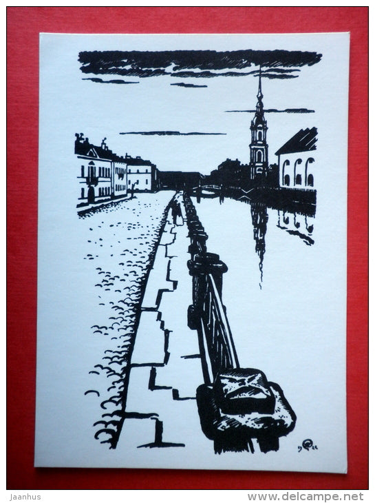 illustration by M. Dobuzhinski - river - street - White Nights by F. Dostoyevsky - 1971 - USSR Russia - unused - JH Postcards