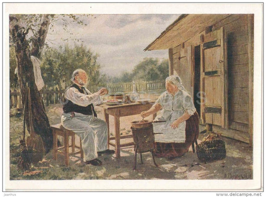 painting by V. Makovsky - 1 - Making Jam , 1876 - old man and woman - russian art - unused - JH Postcards