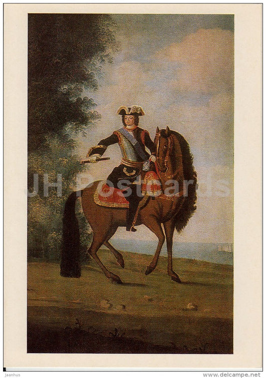 painting by Unknown Artist - Portrait of Peter the Great on the horse , 1710 - Russian art - 1984 - Russia USSR - unused - JH Postcards