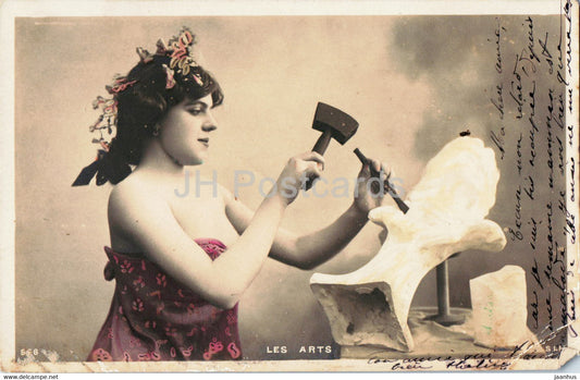 Les Arts - woman - sculptor - old postcard - 1904 - France - used - JH Postcards