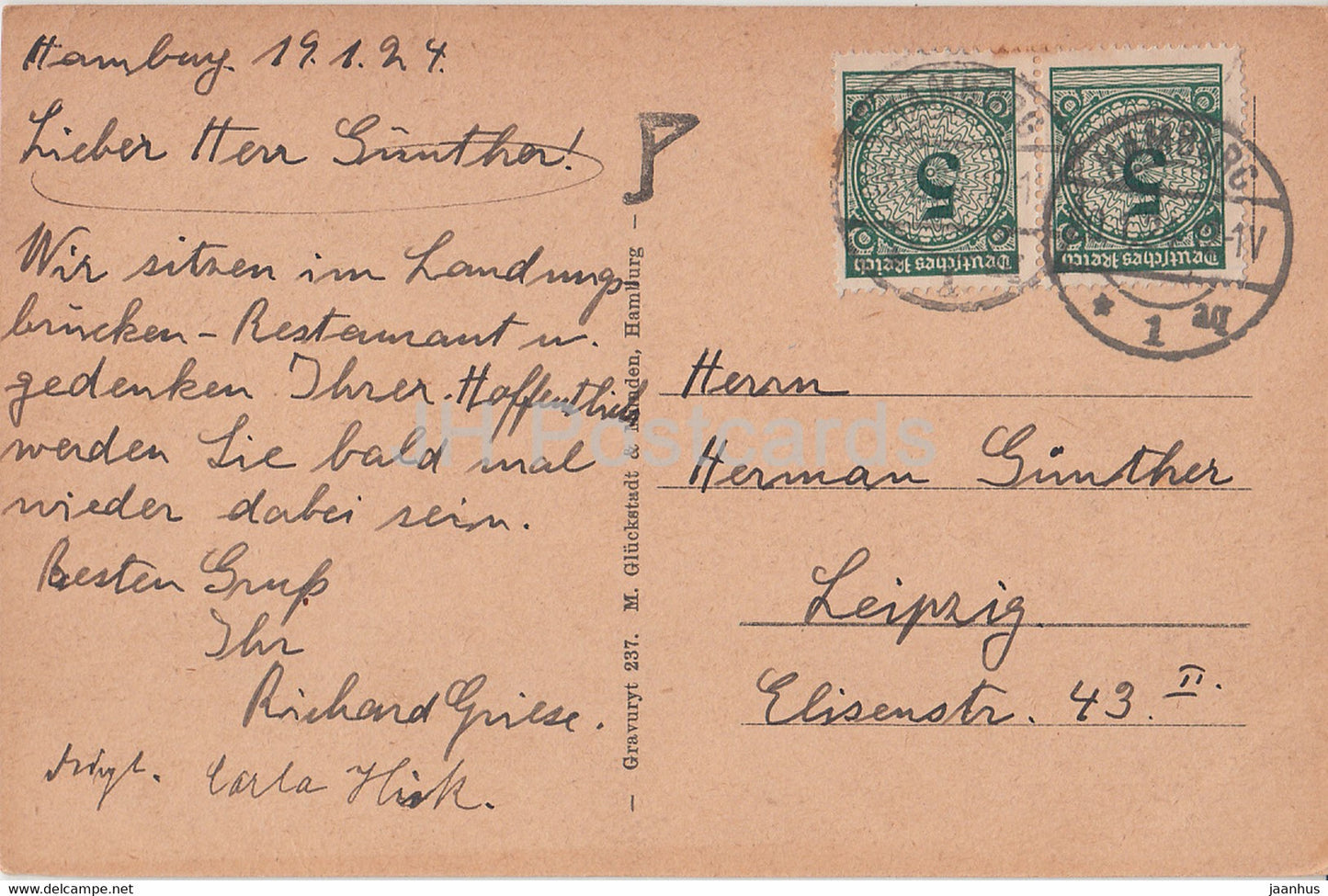 Hambourg - Hafen - navire - carte postale ancienne - 1924 - Allemagne - utilisé