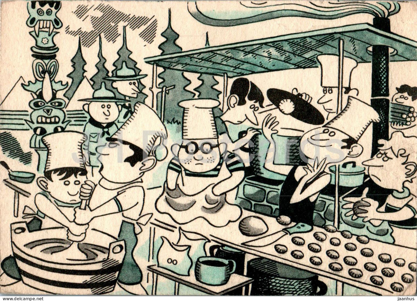Pozdrav z junackeho tabora - Kresba Bape - Greetings from the hero camp - kitchen - illustration - Slovenia - unused - JH Postcards