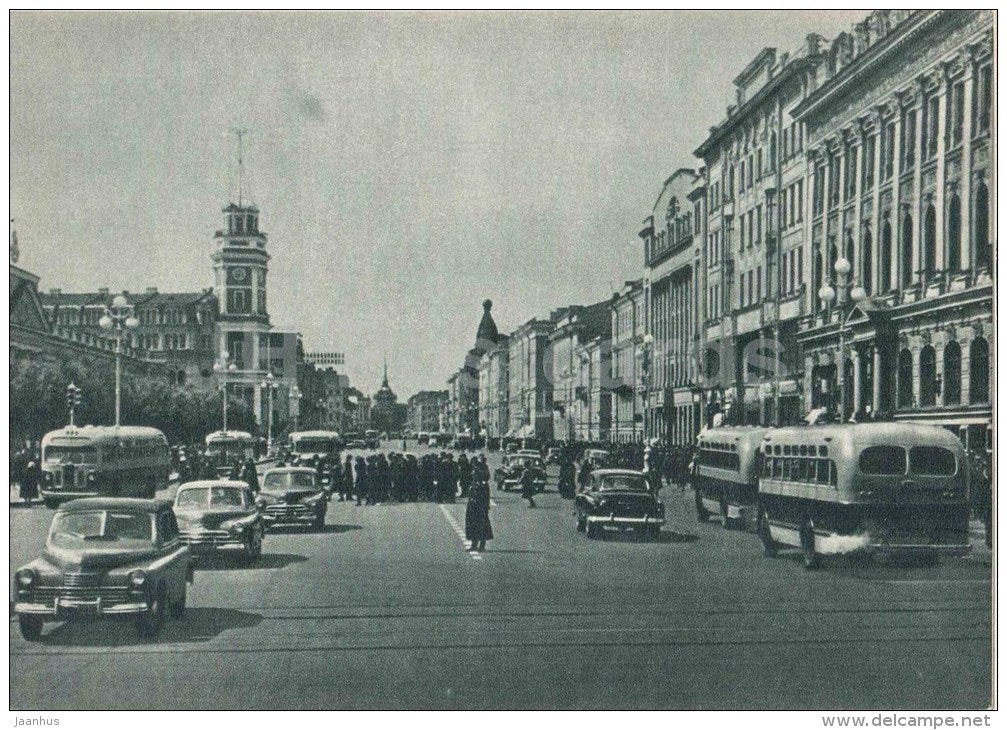 Nevsky Prospekt - car Pobeda - bus - Leningrad - St. Petersburg - 1958 - Russia USSR - unused - JH Postcards