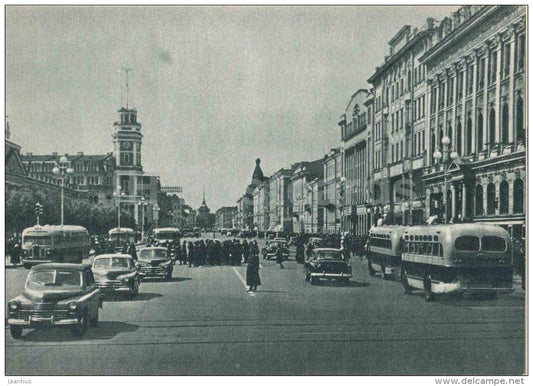 Nevsky Prospekt - car Pobeda - bus - Leningrad - St. Petersburg - 1958 - Russia USSR - unused - JH Postcards