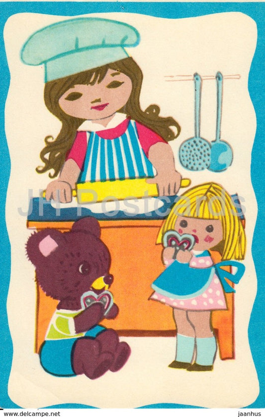 illustration by M. Fuks - Day of Triinu - children - bear - kitchen - flowing dough - 1975 - Estonia USSR - unused - JH Postcards